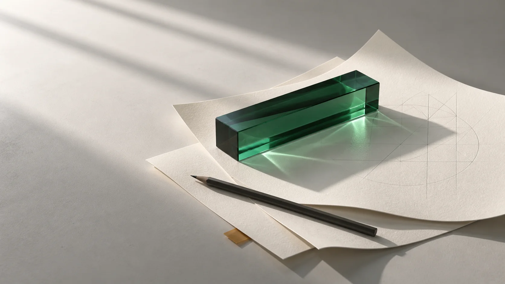 Prisme vert, papier sculptural et crayon sur une table claire.